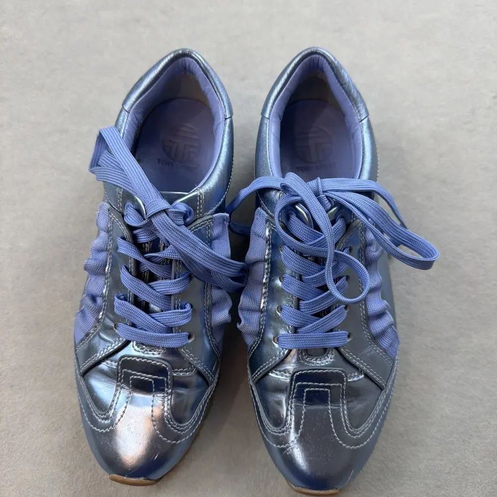Tory Burch‎ Sport Ruffle Sneaker 6.5 Metallic Blue Leather EUC Designer Preppy